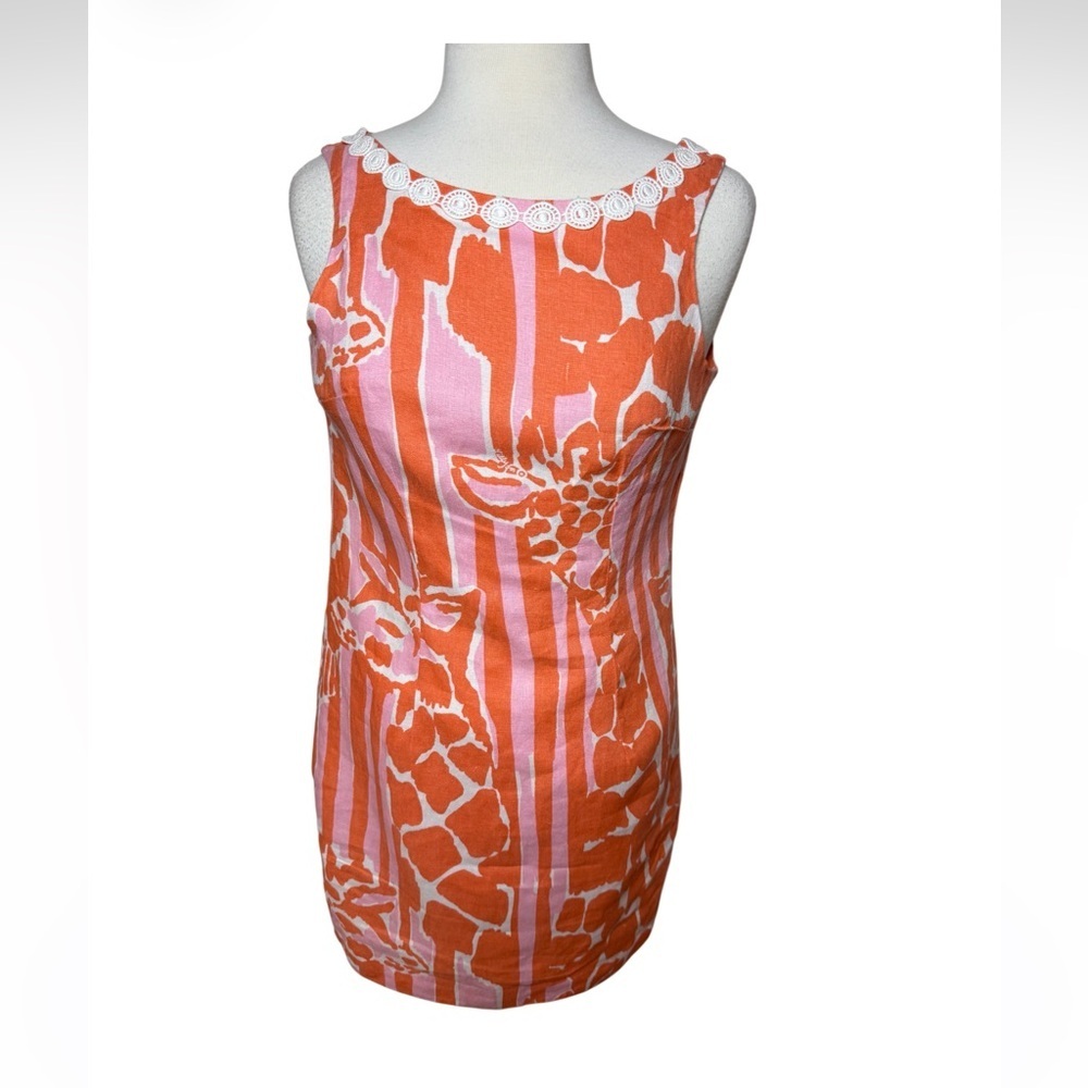 Lilly Pulitzer Pink & Orange Giraffe Patterned Sleeveless Linen Dress-Size 6